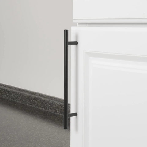 Euro Bar Cabinet Pull Handle Flat Black Finish Three Eighths Inch Diameter Eight Point Six Nine Inch Length Center To Center Six Point Three One Inch installed