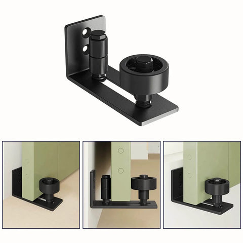 Sliding Barn Door Floor Guide for Bottom Adjustable Roller - 8 Setup Options for DIYers - Flush Design Bottom Flat Barn Door Floor Guide Stay Roller (Black) 1PCS, showing multiple angles including flush design.
