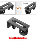 Image of an Adjustable Sliding Door Floor Guide Two Pack For Barn Doors In Black Durable Steel Runner And Guide System Eight In One Sliding Door Kit For All Doors Adjustable Roller Position Fits 1.5 To 3.75 Inch Wide Doors Anti Corrosion Finish.