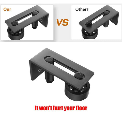 Image of an Adjustable Sliding Door Floor Guide Two Pack For Barn Doors In Black Durable Steel Runner And Guide System Eight In One Sliding Door Kit For All Doors Adjustable Roller Position Fits 1.5 To 3.75 Inch Wide Doors Anti Corrosion Finish.