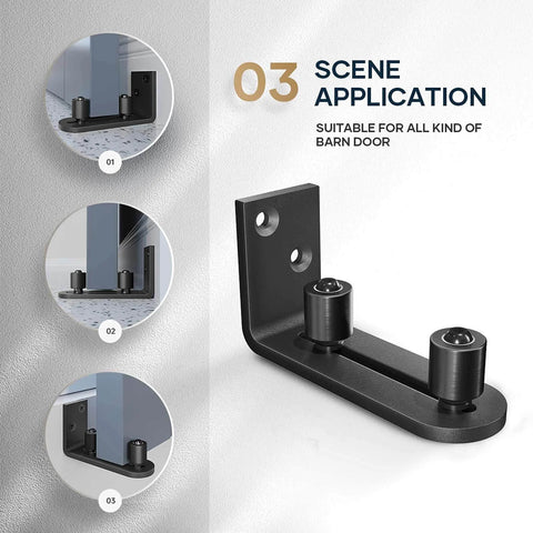 Sliding Barn Door Bottom Floor Guide, Ball Bearings Adjustable Stay Roller, Wall Mount System, Flush Flat Bottom Design, 2 Assemble Setup Options, Fit All Size Door, Black showing application scenes
