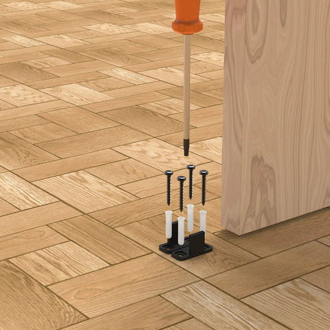 Sliding Barn Door Floor Guides Black 4 Pack Bottom Track Guides For All Sliding Doors Including Bypass And Pocket Doors Easy To Install Closet And Barn Style Durable Plastic Guides For Grooved And Non Grooved Tracks close-up view