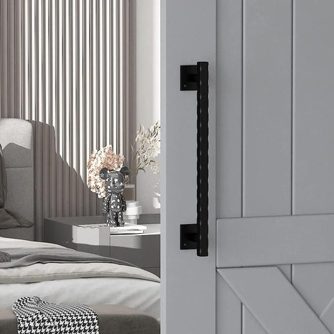 12 Inch Sliding Barn Door Handle Pull In Black Finish installed on interior sliding door