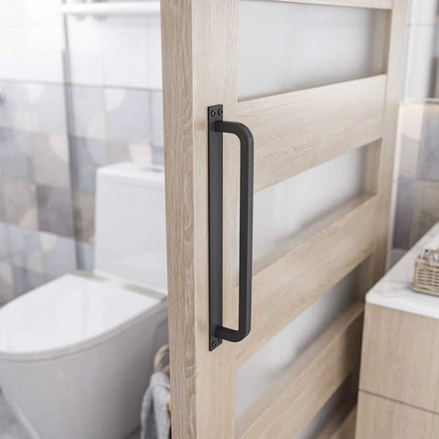 Antique Rustic 12 Inch Barn Door Handle Black Flush Long Base Pull for Gate Shed Garage installed on bathroom door