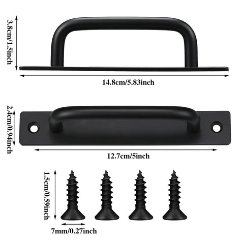 12 Pack Black Barn Door Handles 5.8 Inch Aluminum Alloy Cabinet Pulls With 24 Screws shown with measurements.