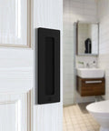 7 Inch Black Barn Door Handle Finger Pull Set Two Pack Heavy Duty Invisible Handle For Gates Garages Sheds Barn Doors And Pocket Doors With Flat Bottom Design And Easy To Install Solid Carbon Steel Construction With Rust Resistant Powder Coat installed on bathroom door
