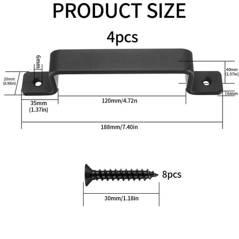 Product dimensions diagram for Sliding Barn Door Handles Set In Black 7.4 Inch Gate Handles Hardware with screws.