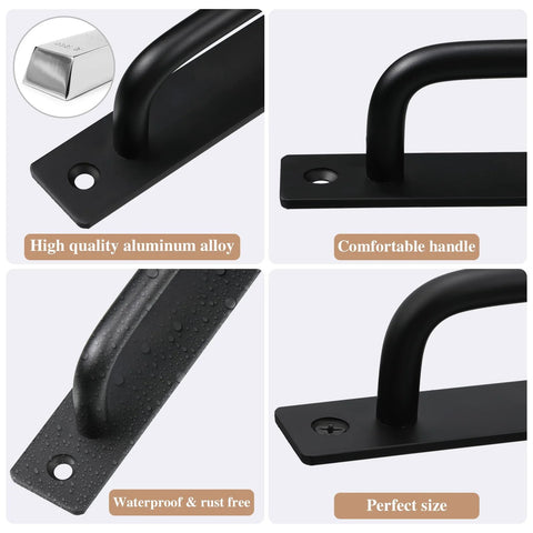 Close-up of 12 Pack Black Barn Door Handles 5.8 Inch Aluminum Alloy Cabinet Pulls with 24 Screws showing handle details and material quality.