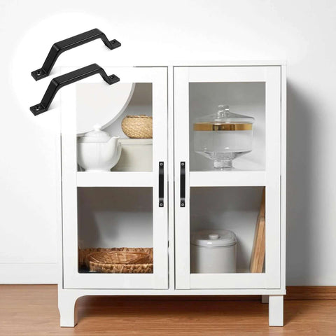 2 Pack Black Barn Door Handle 6.1 Inch Door Pull Handle for cabinet with a display of two handles and white cupboard with items inside.