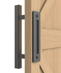 12 Inch Sliding Barn Door Handle Pull And Flush Hardware Set In Rustic Black Finish on wooden door