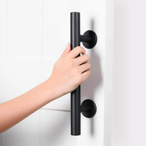 12 inch heavy duty sliding barn door handle with pull and flush finger hardware set, black powder coated finish, installation view
