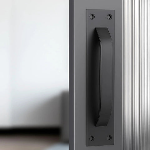 2 Pack Black Matte Finish Barn Door And Cabinet Pull Handles Heavy Duty Door Hardware installed on a modern cabinet door