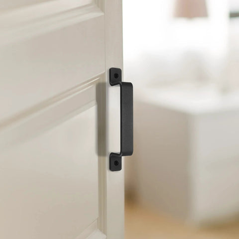 Sliding Barn Door Handles Set In Black 7.4 Inch mounted on white interior door showing side view