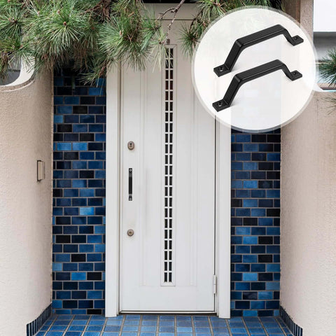 2 Pack Black Barn Door Handle 6.1 Inch Door Pull Handle For Indoor Outdoor Sliding Doors Gate Fence Shed Cabinet Closet Drawer Garage Durable Corrosion Resistant Metal Easy To Install shown next to a modern white door with blue tile accents.
