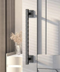 12 Inch Sliding Barn Door Handle Pull In Black Finish For Doors, Gates, Garages, Barns, Sheds, Closets And Sliding Doors Durable Steel Construction Includes 4 Screws Easy Mounting And Secure Grip installed view