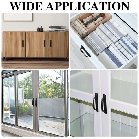 12 Pack Black Barn Door Handles 5.8 Inch Aluminum Alloy Cabinet Pulls displayed on cabinets, drawers, sliding doors in various settings