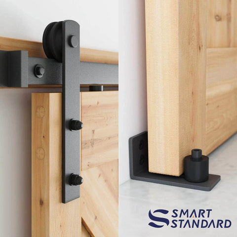 6.8 ft heavy duty sliding barn door hardware kit in black with I shape hanger and floor guide