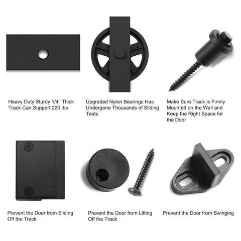 Components of 6ft Heavy Duty Sliding Barn Door Hardware Kit, Black, including track, wheel hanger, screws, and guides for 36" door.