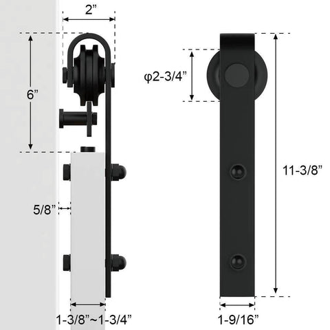 Side view of J Shape 4 Foot Barn Door Hardware Kit For Single Sliding Door in Black Carbon Steel Heavy Duty Track System with dimensions.