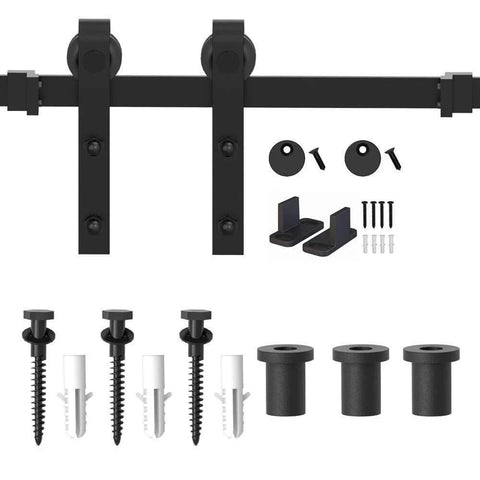 J Shape 4 Foot Barn Door Hardware Kit For Single Sliding Door In Black Carbon Steel Heavy Duty Track System, components view