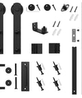 Components of 5 FT Heavy Duty Sturdy Sliding Barn Door Hardware Kit, Black, including pull handle, floor guide, fit 28''-30'' door panel.