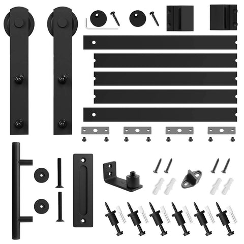 6.8 ft heavy duty sliding barn door hardware kit in black with I shape hanger, complete set with handle and floor guide