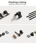 Components of the 80" Sliding Barn Door Hardware Kit,Black T Shape Hanger Set for Single Door Use, including screws, rollers, and brackets.