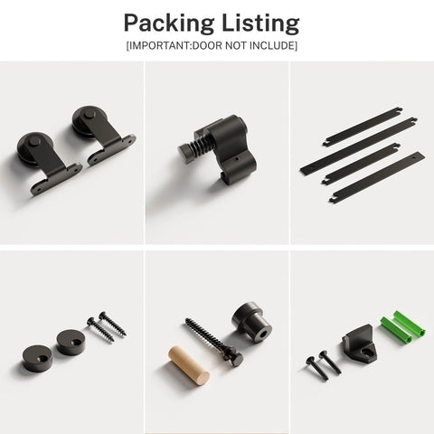 Components of the 80" Sliding Barn Door Hardware Kit,Black T Shape Hanger Set for Single Door Use, including screws, rollers, and brackets.