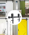 8 FT Sliding Barn Door Hardware Kit Heavy Duty shown in various door installations, J Shape Hanger, black finish.