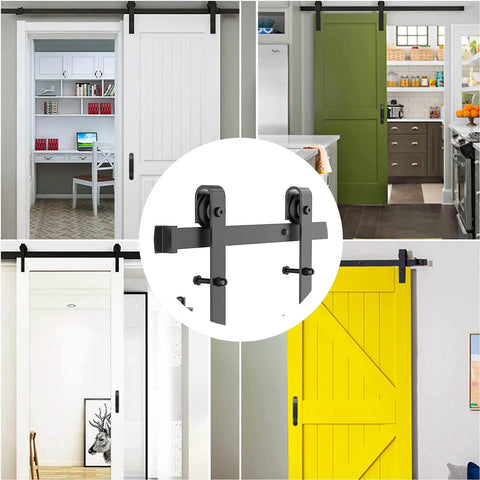 8 FT Sliding Barn Door Hardware Kit Heavy Duty shown in various door installations, J Shape Hanger, black finish.