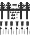 Premium Black Finish Wood Double Sliding Barn Door Hardware Kit With Big Spoke Wheel Rollers, tracks, and mounting hardware.