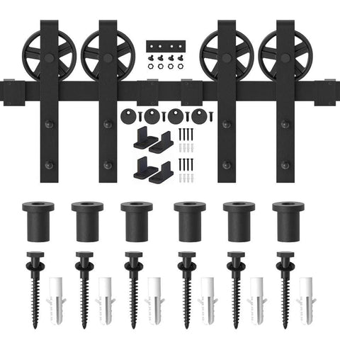 Premium Black Finish Wood Double Sliding Barn Door Hardware Kit With Big Spoke Wheel Rollers, tracks, and mounting hardware.