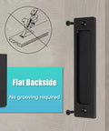 Image of 6 Inch Sliding Barn Door Handles Black Rectangular Flush Pocket Door Pulls Rustic Style 2 Pack Durable Hardware on door.