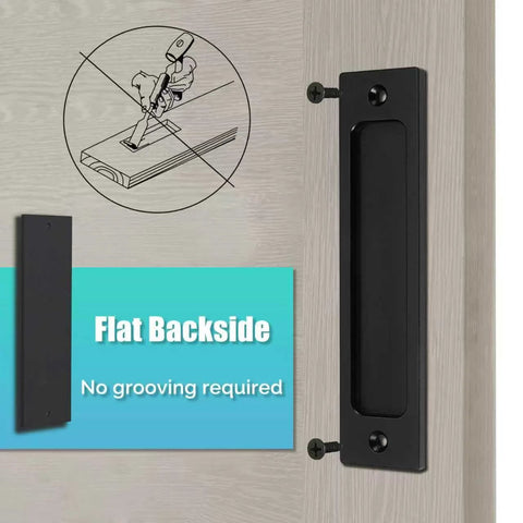 Image of 6 Inch Sliding Barn Door Handles Black Rectangular Flush Pocket Door Pulls Rustic Style 2 Pack Durable Hardware on door.