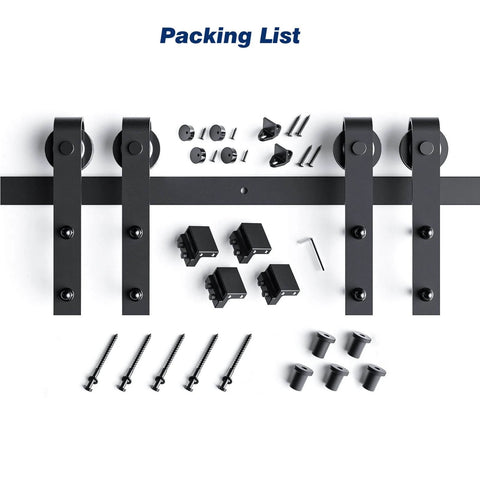 Components of 6.6 FT Double Door Sliding Barn Door Hardware Track Kit with basic J pulley, including steel rails and rollers.