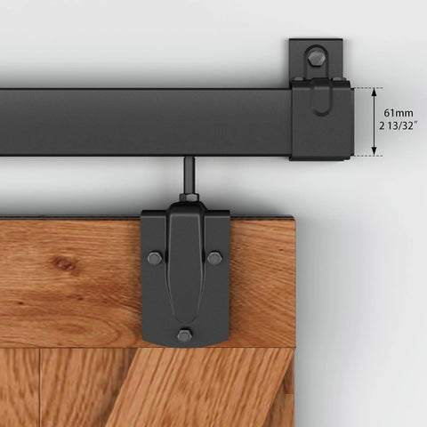 Close-up of a 5-foot Black Exterior Sliding Barn Door Hardware Track Kit Heavy Duty Outdoor Weatherproof Wall Mount System Supports Up To 500 Lbs