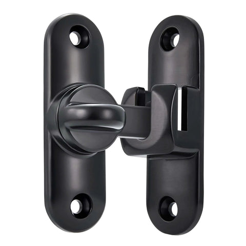 Black Barn Door Latches,90/180 Degree Gate Lock,Zinc Alloy Right Angle Door Lock Latch, shown in black finish, suitable for cabinets or bathrooms.