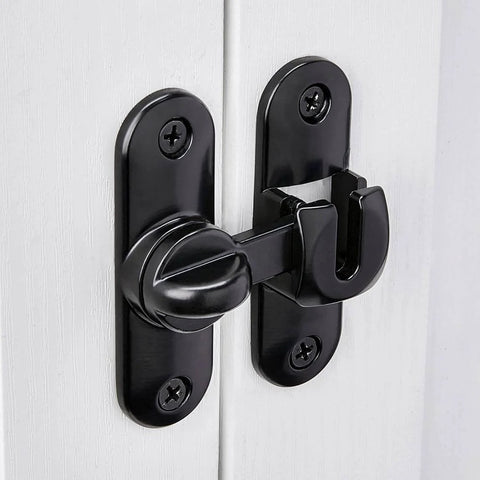 Black Barn Door Latches,90/180 Degree Gate Lock on white door, Flip Gate Latches Hardware, Zinc Alloy Right Angle Door Lock Latch installed view
