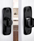Barn Door Latches,Black 90/180 Degree Gate Lock shown installed on white doors, zinc alloy, right angle, flip gate latches hardware