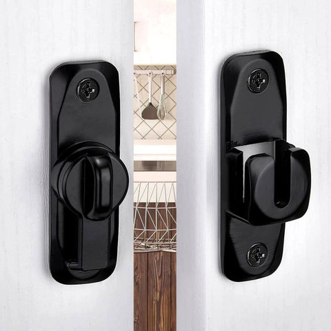 Barn Door Latches,Black 90/180 Degree Gate Lock shown installed on white doors, zinc alloy, right angle, flip gate latches hardware