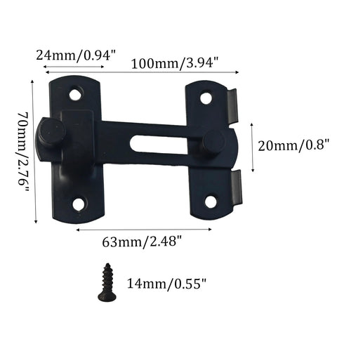 Barn Door Latch Set 4 Pack 100mm By 70mm Three Point Nine Four Inch 180 Degree Flip Lock For Sliding Doors Privacy Bathroom Cabinet Pet Doors Black Finish Made From Stainless Steel With Smooth Edges And Durable Security Gate Latches; front view with dimensions shown.