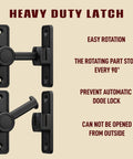 Barn Door Privacy Latch, 90°/180° Swing Slide Lock, Zinc-Alloy, showing easy rotation and locking mechanism, black finish.