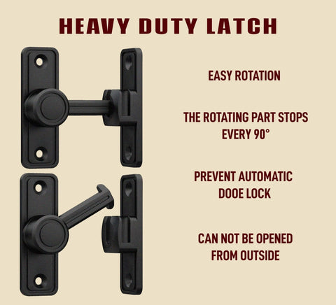 Barn Door Privacy Latch, 90°/180° Swing Slide Lock, Zinc-Alloy, showing easy rotation and locking mechanism, black finish.