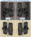90/180 Degree Flip Barn Door Lock in black, showing left and right installation for secure closure on wooden surfaces.