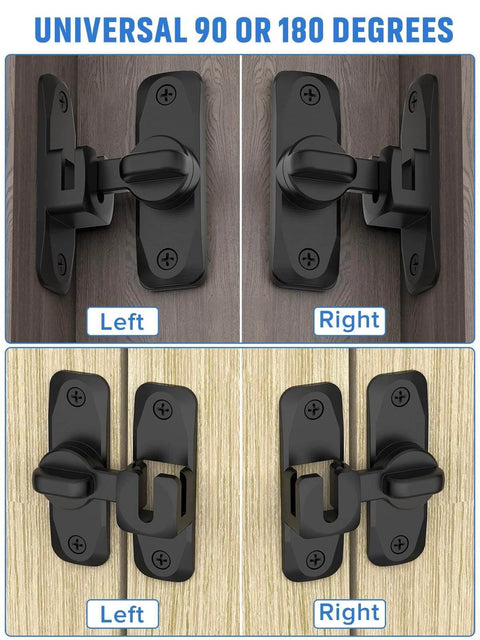 90/180 Degree Flip Barn Door Lock in black, showing left and right installation for secure closure on wooden surfaces.