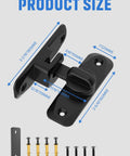 Black 90/180 Degree Flip Barn Door Lock with dimensions, screws, and mounting plate for barn, garden, bathroom, cabinet, window