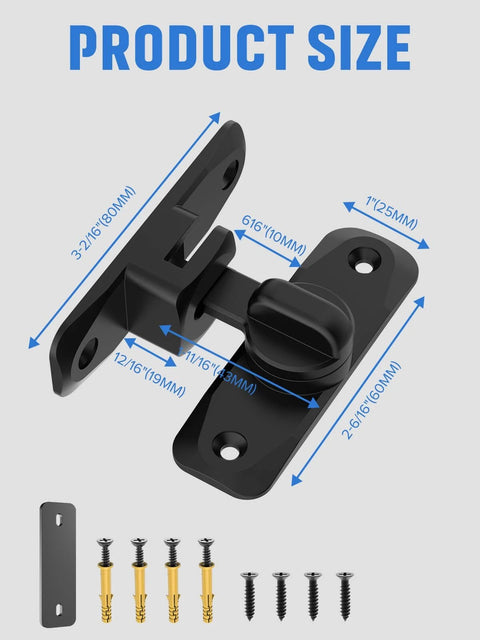 Black 90/180 Degree Flip Barn Door Lock with dimensions, screws, and mounting plate for barn, garden, bathroom, cabinet, window