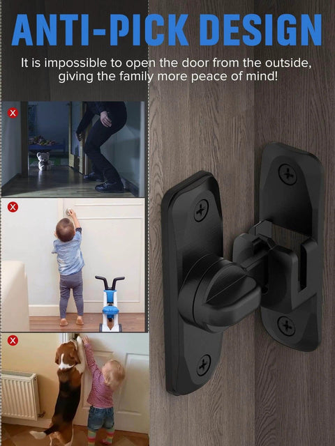 90/180 Degree Flip Barn Door Lock secured on a wooden door, demonstrating anti-pick design for child and pet safety in various rooms