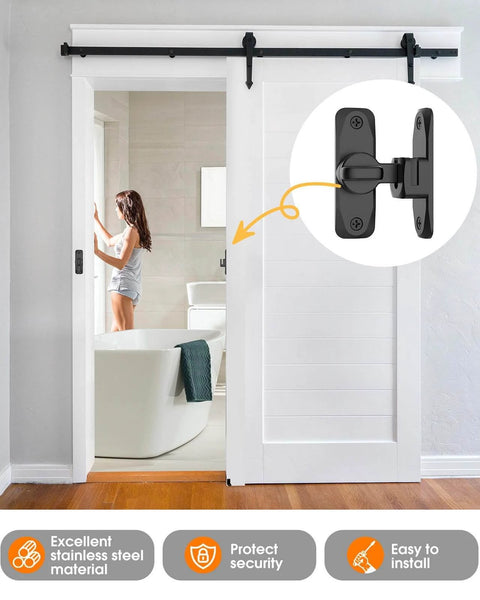 Sliding barn door with black 90/180 Degree Barn Door Lock installed in a bathroom, showing security latch and smooth operation.