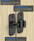 90/180 Degree Flip Barn Door Lock installed on wood surface, black zinc alloy latch showing dual-purpose design and edge grinding